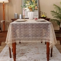 Elegant vintage beige lace tablecloth with floral embroidery and tassel fringe - 150*220CM / Coffee