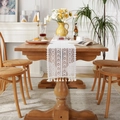 White pastoral crochet lace table runner with hollow geometric patterns and tassels - 24x140 / Bleached White