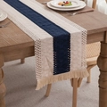 Blue and beige woven cotton linen table runner with tassel fringe and stripes - 30x120cm / Blue Center