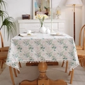 Rectangle beige cotton tablecloth with leaf print and white pom-pom fringe edges - 40x60 / White Dot Green Leaf with Pom Poms