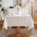 Beige floral cotton tablecloth with orange flowers, green leaves and pompom fringe - 40x60 / White Dot Pink Flower with Pom Poms