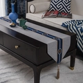 New Chinese table runner with grey fabric, blue patterned border, and elegant tassels - 35X140cm / Chinese Gray Auspicious Cloud + Large Tassel