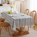 Rectangular bohemian tablecloth with blue geometric patterns and white tassels - Blue Pop With Tassels