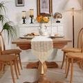 Vintage beige crochet lace table runner with hollow geometric patterns and tassels - Length 140 / Leaf Patchwork Triangle (30cm Wide)