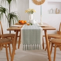 Cream jacquard table runner with grey-green wheat patterns and decorative fringe - 33*160 / White Rhombus With Tassels