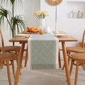 Green and white geometric jacquard table runner with delicate tassels on wooden table - 33*160 / White Wave Pattern