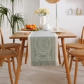 Sage green jacquard table runner with white floral patterns and tassel trim decorations - 33*160 / Floral Disk Pattern