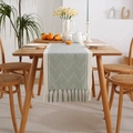 Green and beige jacquard table runner with geometric patterns and handmade tassels - 33*160 / White Waves With Tassels