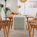Grey-green and beige jacquard table runner with geometric vine patterns and tassels - 33*160 / White Square Pattern