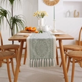 Pale green jacquard table runner with cream mandala patterns and handmade tassels - 33*160 / Mandala Floral With Tassels