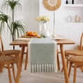 Sage green and cream bohemian jacquard table runner with decorative tassels - 33*160 / White Square With Tassels