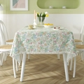 French cotton tablecloth with fresh berry floral print and white pom-pom fringe edges - Spring Plants