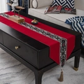 New Chinese style red table runner with black geometric patterns and elegant tassels - 35X140cm / Chinese Red + Large Tassel