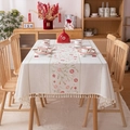 Elegant Chinese rectangular tablecloth with floral embroidery and white cotton tassels - 140x100cm / Embroidered Pastoral Small Flowers With Tassels