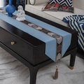 Sky blue Chinese style table runner with traditional jacquard patterns and elegant tassels - Chinese Blue Coffee Patchwork + Large Tassel