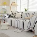 Nordic waffle texture sofa cover with geometric stripes and decorative tassels - 180x130 / Grey Black Striped