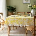 Floral cotton tablecloth with yellow daisy pattern and white ruffled edges for home - Sunflower Style / 90x90cm