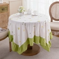 White cotton round tablecloth with yellow daisy embroidery and green ruffled edges - 150x180cm / Yellow and White Flowers with Green Ruffle