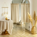 Nordic minimalist cotton linen door curtain with fringe tassels and beige stripes - Wide Short Type / Khaki Stripes