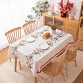 Rectangle cream tablecloth featuring strawberry floral print and red scalloped edges - Branch Strawberry