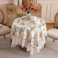 French romantic lace edge round tablecloth with vintage green fern leaf floral print - 90x90cm / Fern Print Style