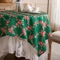 French romantic floral tablecloth with dark green rose pattern and white lace edge - 90x90cm / Vintage Green Rose Floral Style