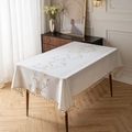 Rectangle cream linen tablecloth with yellow flower embroidery and tassel fringe edges - Embroidered Peach Branches + Cotton Tassels