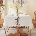White linen tablecloth with brown leaf embroidery and elegant white tassel fringe - 140x140 / Embroidered Asparagus Grass With White Tassels