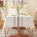 Elegant rustic embroidered tablecloth with coffee leaf pattern and beige fringe tassels - 140x140 / Embroidered Coffee Leaf With Cotton Tassels