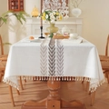 White rectangle cotton linen tablecloth with leaf pattern and beige fringe tassels - Brown Embroidery + Cotton Tassels