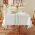 Rectangular cream tablecloth with colorful leaf embroidery and tassel fringe details - Fresh Embroidery + Cotton Tassels