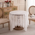 Elegant white French lace tablecloth featuring round floral patterns and ruffled edges - 90x90cm / White Lace