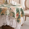 Tropical palm leaf and ginger flower printed round tablecloth with white lace edges - 90x90cm / Tropical Botanical Print Style