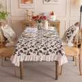 Cream floral rectangular tablecloth with black leaf prints and ruffled edges - 100*150cm / Black Alice + Pleated Edge