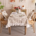 French floral polyester tablecloth in beige with brown prints and ruffled edges - 100*150cm / Milk Tea Arbutus + Pleated Edge