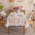 French floral polyester tablecloth with ruffled edges in cream and blue botanical print - 100*150cm / Gray Pine Cone + Pleated Edge