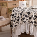 Floral print round tablecloth with elegant lace ruffle edge for vintage dining decor - 90x90cm / Black Alice