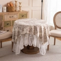 French vintage double-layer round tablecloth with forest print and white lace edges - 90x90cm / Milk Tea Bayberry