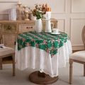Nappe florale verte avec roses roses et bordure en dentelle blanche plissée élégante - 100*150cm / Imprimé Vert avec Dentelle Large