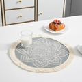 Ronde boho katoenen placemat met blauw mandala patroon en crèmekleurige franjeranden - Donkergrijs Boheemse Mandala Stijl (Stijl 4)