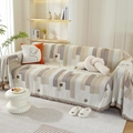 Copridivano in ciniglia nordica con motivi a stelle e strisce e bordi con frange - 180x130cm / Stelle-Beige Caffè