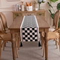 Chemin de table nordique à carreaux noir et blanc avec d'élégants pompons noirs - 35*140cm / Damiers Noirs avec Gland