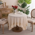 French embroidered cotton tablecloth with elegant ruffled edges for round tables - 100X140CM (Including Border) / Beige Base Cord Embroidery + Ruffled Edge (Non-Waterproof)