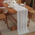 Elegant white lace table runner with vintage floral patterns and scalloped edges on wood table - 90CM Length / 4 Rows Floral (38cm Wide)