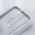 Elegant asymmetric silver long chain earrings with minimalist round disk detail - Asymmetric Long Drop / 925 Silver / White Gold