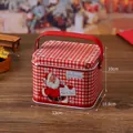 Red plaid Christmas square candy tin box with Santa Claus illustration and handle - 2313z-06 Santa Claus (stylish)