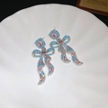 Vintage style butterfly bow stud earrings with pink crystal and sky blue beads - Silver Earring Post Zircon Bowknot Tassel Earrings