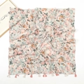 Floral cotton linen scarf with bohemian paisley print and pink fringe tassels - Pastoral Small Floral With Tassels (XB492)