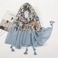 Artistic linen cotton scarf with blue leaf print and fringed edges on white background - Blue Brown Art Leaf With Tassels (XB812)