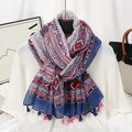 Bohemian paisley print cotton linen scarf with colorful tassel fringe details - Bohemian Symmetrical Pattern (XB1061)